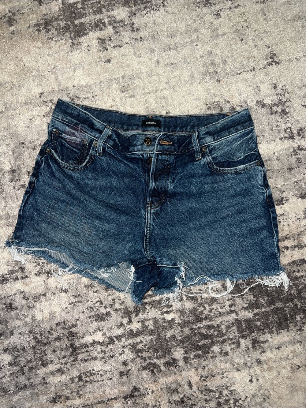 Express Dark Blue Denim Cutoff Shorts with Frayed Hem